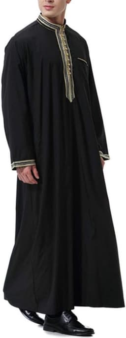 Islamitische gebedskleding voor mannen, moslimjurken voor heren, O-hals, lange mouwen, Dubai-gewaad, islamitisch kostuum (zwart, M) — thumbnail 2