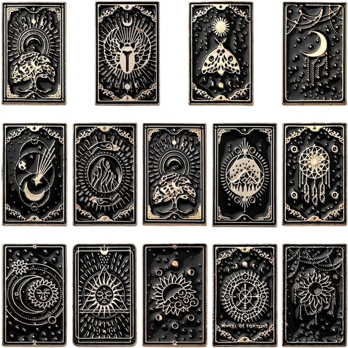1 Doos 14 Stks 14 Stijlen Tarot Kaart Emaille Pins Gothic Broche Pin Zwarte Legering Waarzeggerij Kaarten Thema Zon Maan Ster Revers Badge Broches Set voor Rugzakken Tassen Kleding Decoratie — afbeelding 1
