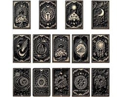 1 Doos 14 Stks 14 Stijlen Tarot Kaart Emaille Pins Gothic Broche Pin Zwarte Legering Waarzeggerij Kaarten Thema Zon Maan Ster Revers Badge Broches Set voor Rugzakken Tassen Kleding Decoratie