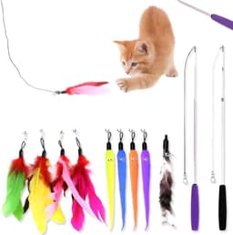 Speelhengel met veren, kattenstok, kattenspel met veren, interactief speelgoed, 2 grappige intrekbare kattenstokjes en 9 reserveveren teaser met bel, 11 stuks — thumbnail 1