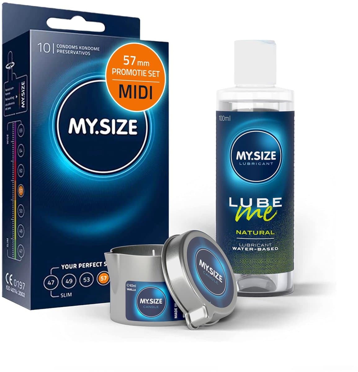 Voordeelverpakking MY.SIZE-condooms 57 mm, pak van 10 + MY.SIZE natuurlijk glijmiddel 100 ml + MY.SIZE-massagekaars — afbeelding 1