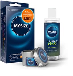 Voordeelverpakking MY.SIZE-condooms 57 mm, pak van 10 + MY.SIZE natuurlijk glijmiddel 100 ml + MY.SIZE-massagekaars — thumbnail 1