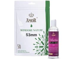 Vibratissimo Play Gel met 250 ml & AMOR Condooms Nature 50-pack I Watergebaseerd glijmiddel & condooms 53mm breed I Glijmiddel Gel voor speeltjes & latex condooms