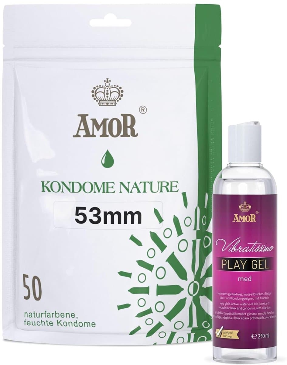 Vibratissimo Play Gel met 250 ml & AMOR Condooms Nature 50-pack I Watergebaseerd glijmiddel & condooms 53mm breed I Glijmiddel Gel voor speeltjes & latex condooms — afbeelding 1