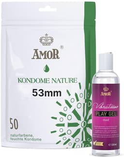 Vibratissimo Play Gel met 250 ml & AMOR Condooms Nature 50-pack I Watergebaseerd glijmiddel & condooms 53mm breed I Glijmiddel Gel voor speeltjes & latex condooms — thumbnail 1