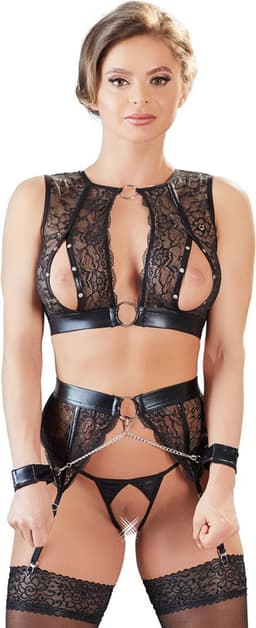 Cottelli Collection – Bondage Jarretel Set met Hand Boeien voor Onderdanig Genot – Maat XL – Zwart — thumbnail 4