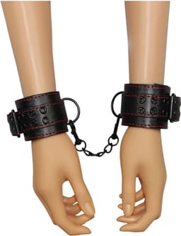 Lovetoy - Bondage Handboeien Zwart met Rood Leer Look - Kunstleer — thumbnail 3