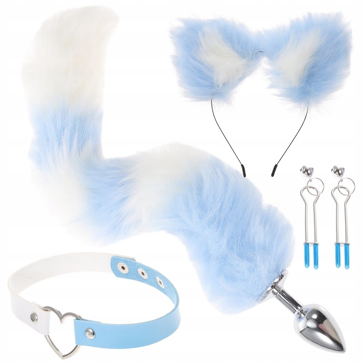 Volle Vos Kostuum Set - Met Pluche Staart， Oren Hoofdband， Halsband en Accessoires， voor Roleplay en Feesten，Blauw — afbeelding 1
