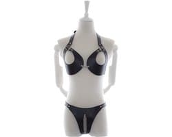 Fixxx - Fetish BH en Slipje met Open Kruis - Nr. 2 - PU-Leer - One Size - Zwart