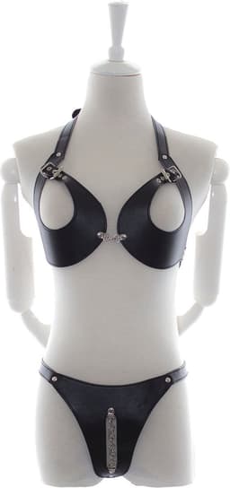 Fixxx - Fetish BH en Slipje met Open Kruis - Nr. 2 - PU-Leer - One Size - Zwart — thumbnail 1