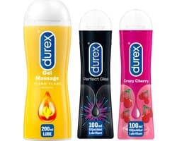 Durex - 3 Glijmiddelen - Play Massage 2/1 Sensitive 200ML - Perfect Gel Gliss 100ML - Crazy Cherry waterbasis 100ML