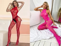 Lingerie bodystocking met strik, netstof jumpsuit voor dames, mouwloze catsuit in zwart — thumbnail 7