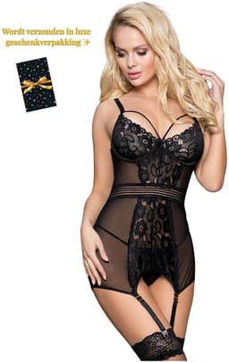 Sexy 2-Delige Lingerieset Dames – Bodysuit met Jarretels – Lingerie Erotisch Dames – Sexy Jurkje – Erotische Lingerie – Sexy Lingerie – Chique Jurk – High End Bodysuit – Luxe Nachtkleding – BDSM – Clubwear – Wasteland – Dare to Undress – Maat S — thumbnail 1