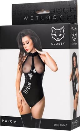 Glossy Wetlook body met open cups en open kruis- verleidelijke bodysuit met harnaslook op de hals- Marcia L — thumbnail 5