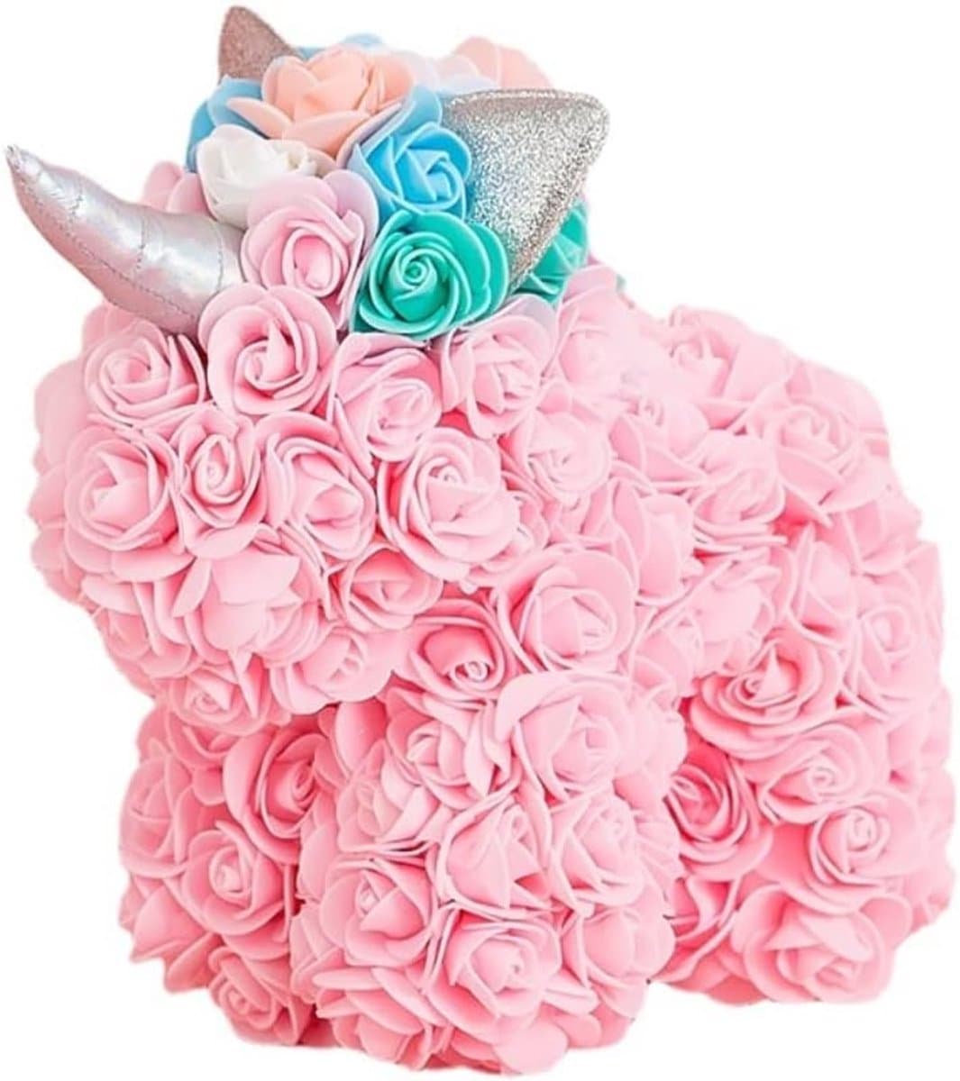 Roze Teddybeer - Bloemenpop - Cadeau geven - Handgemaakt - 25x24x15 cm - Roze — afbeelding 1
