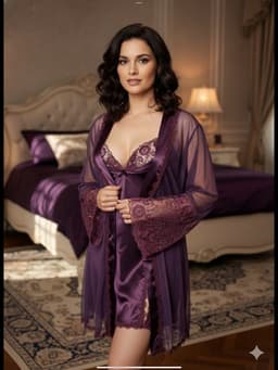 Korte Satijnen Nachtjurk met Tule Kimono – Luxe Dames Lingerie Set - Dark Red — thumbnail 2