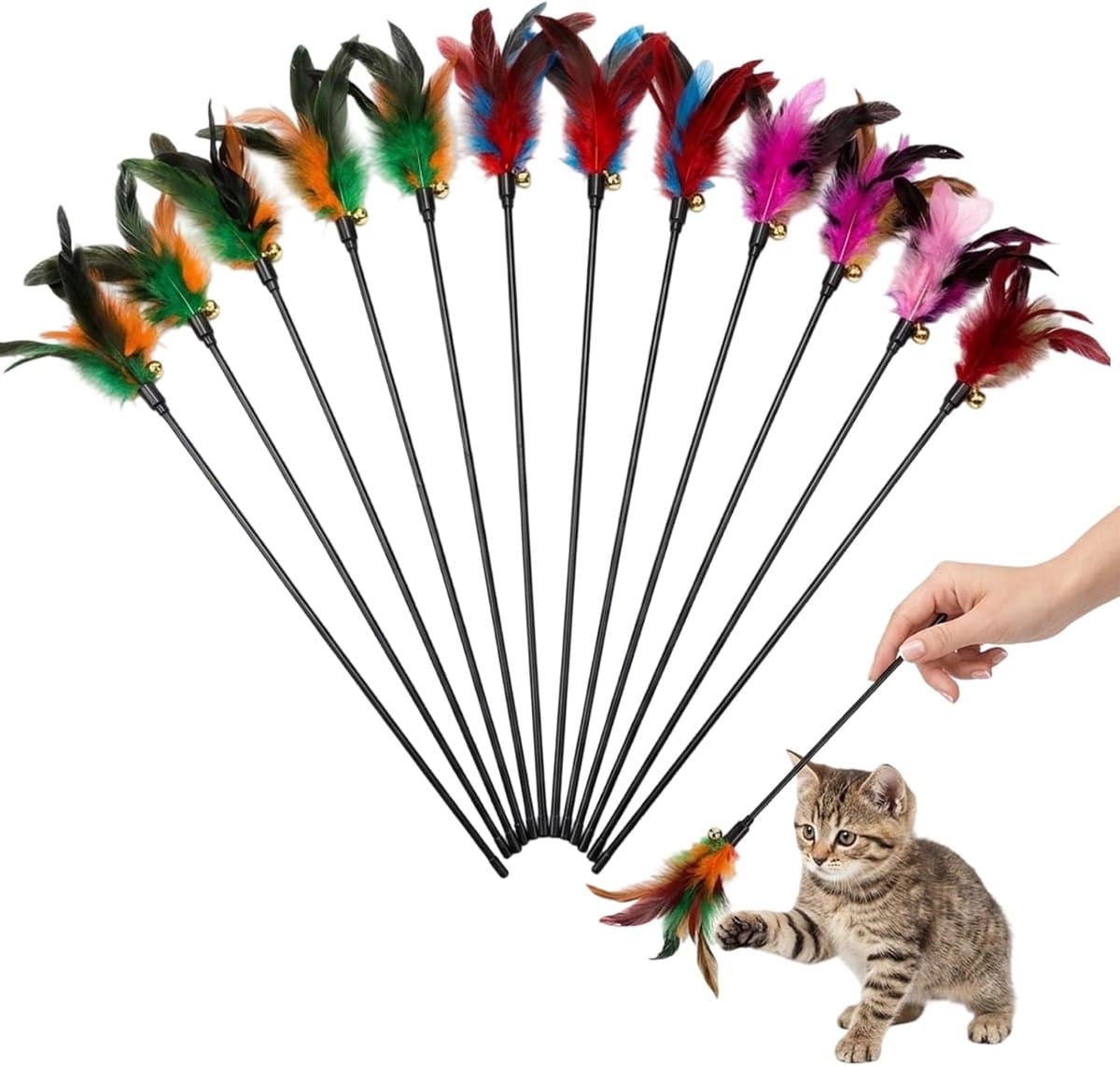 12 stuks kattenspeelgoed, kattenhengelveer, kattenspeelgoed, hengel met veerspeelgoed, 40 cm lengte, voor interactief spel en beweging, voor kittens en katten — afbeelding 1