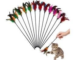 12 stuks kattenspeelgoed, kattenhengelveer, kattenspeelgoed, hengel met veerspeelgoed, 40 cm lengte, voor interactief spel en beweging, voor kittens en katten