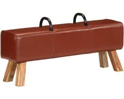 Turnbock-bank met acaciahouten bekleding, 110 cm lang, bruin en echt leer, bekleding voor robuuste training en comfortabele zitervaring, met massief houten frame en zacht