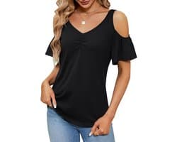 Dames Blouse met Blote Schouders en Ruffle Details - Zomer T-shirt met V-hals