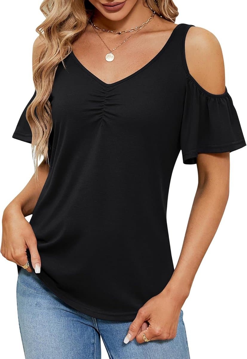 Dames Blouse met Blote Schouders en Ruffle Details - Zomer T-shirt met V-hals — afbeelding 1