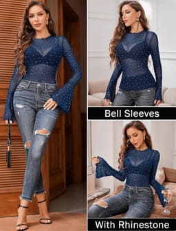 Dames Blouse met Lange Klokmouwen en Strass Steentjes - Glitter Shirt voor Feest en Club — thumbnail 5