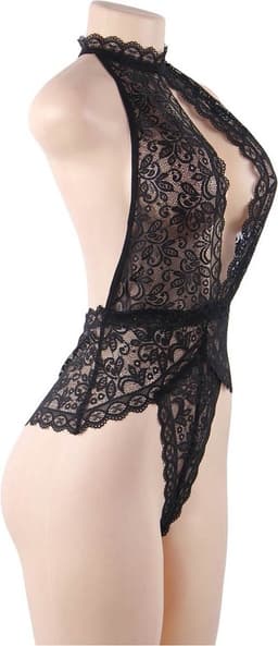 Sexy Lingerie - Erotische Zwarte Glamour Halter body van Kant met open rug - Sexy Teddy - Kanten Body - Open Cups - Erotiek - Valentijnsdag - kleur Zwart - Plus Size - Maat XS-S — thumbnail 6