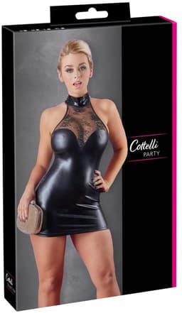 Cottelli Collection – Wetlook Mini Jurk met Kanten Bovenstuk en Knoop Hals voor een Sensuele Mix van Spanning en Comfort – Maat S - Zwart — thumbnail 6