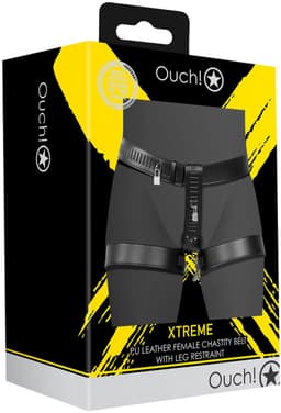 PU Leather Female Chastity Belt with Leg Restraint - Black — thumbnail 1