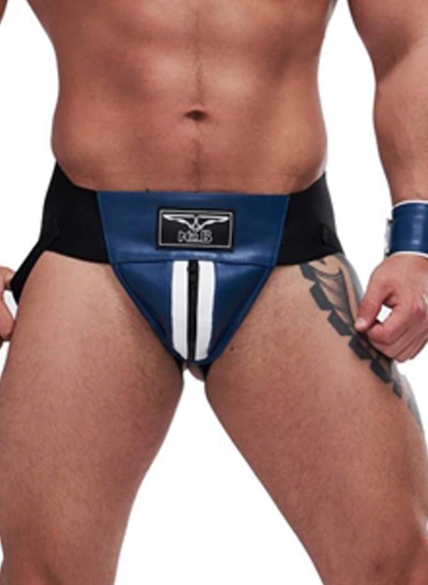 Mister B leren circuit jockstrap blauw met witte bies - medium — afbeelding 1