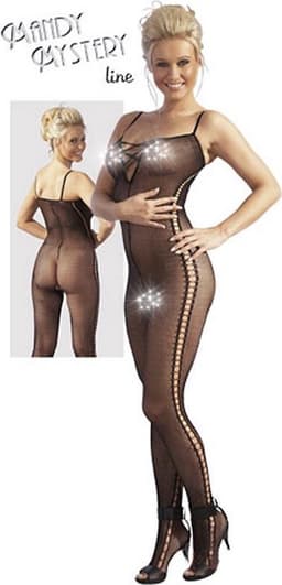 Mandy Mystery Lingerie –  Catsuit met Veter Ontwerp Licht transparant en Open Kruis – Maat L/XL - Zwart — thumbnail 1