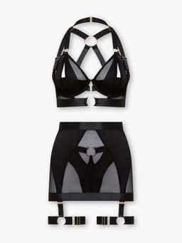 Dare to Undress – Luxe Lingerieset Dames – Sexy Lingerie – Erotische Lingerie Set – 5-delige Jarretelset met rokje – Zwart Mesh – Beugel BH – High Waist Lingerie – Boudoir Set – Chique – High End – Madam Hommard – Exclusief – Cadeau Set – XS, S, M, L — thumbnail 5