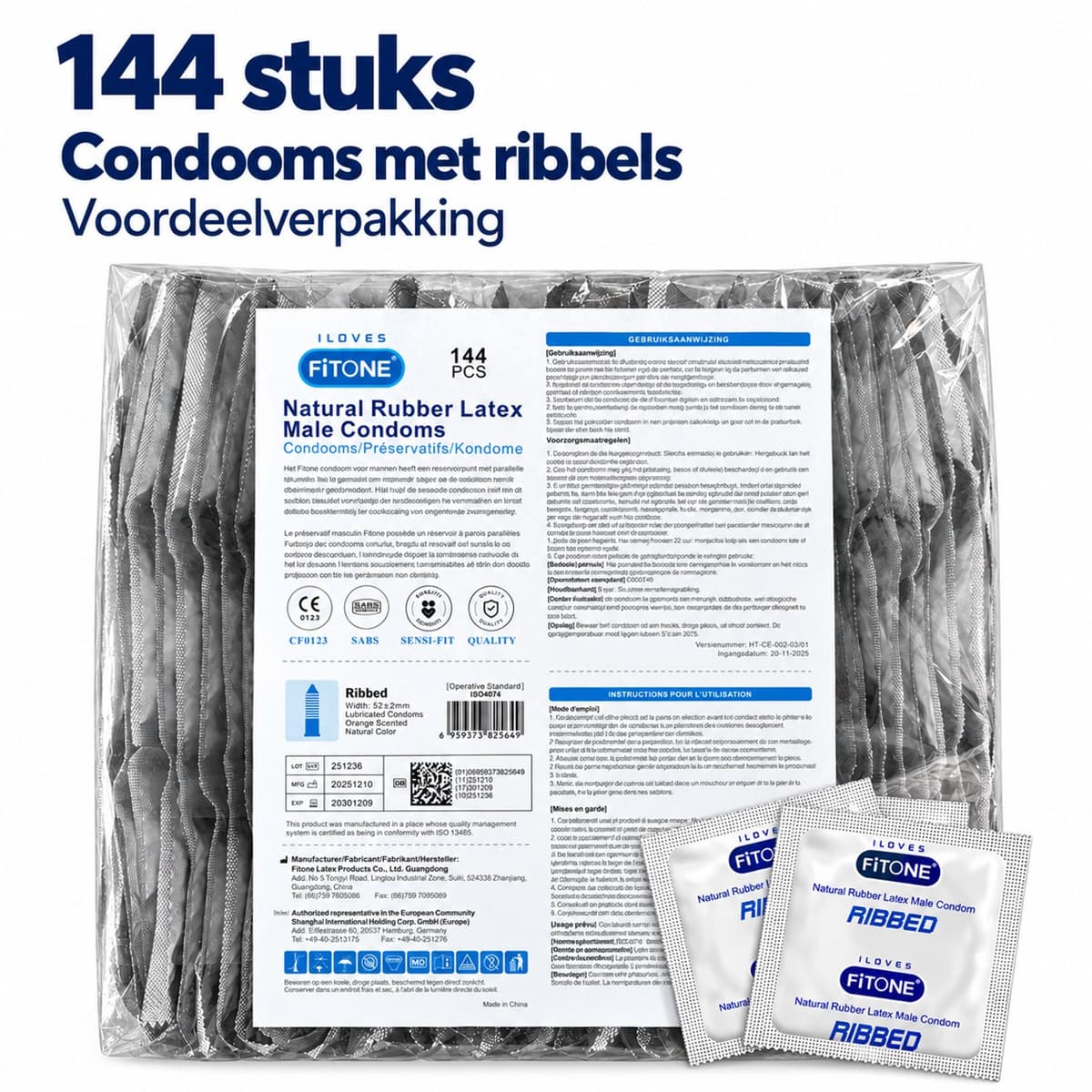 condooms 144 stuks – condooms met ribbels – grootverpakking condooms – condooms met glijmiddel – condooms 52mm – FITONE® — afbeelding 1