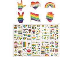 6 stuks regenboog-reversspelden, wordt geleverd met 10 tattoo-stickers, regenboog-reversspelden, voor truien, sjaals, jurken, kostuums, tassen