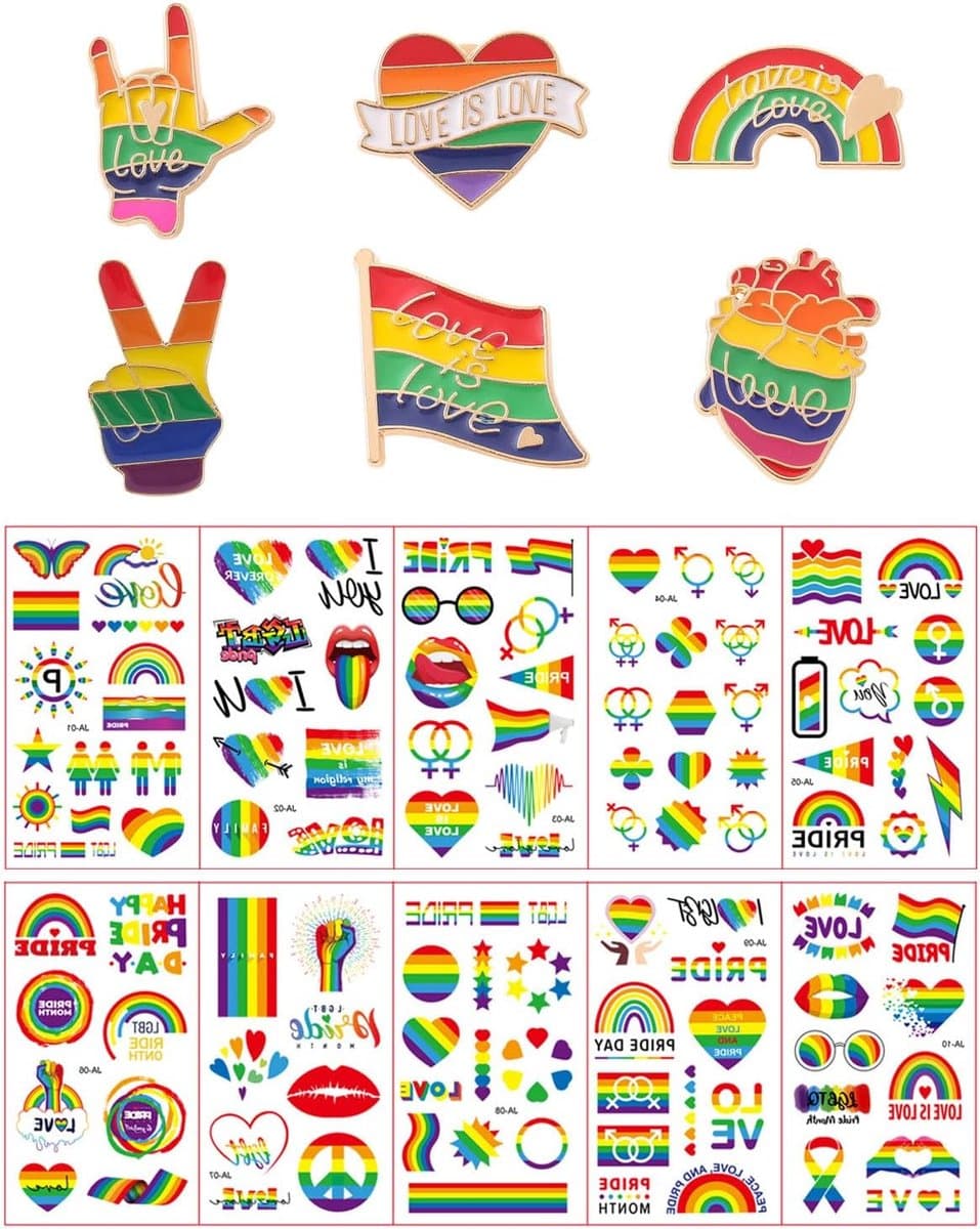 6 stuks regenboog-reversspelden, wordt geleverd met 10 tattoo-stickers, regenboog-reversspelden, voor truien, sjaals, jurken, kostuums, tassen — afbeelding 1