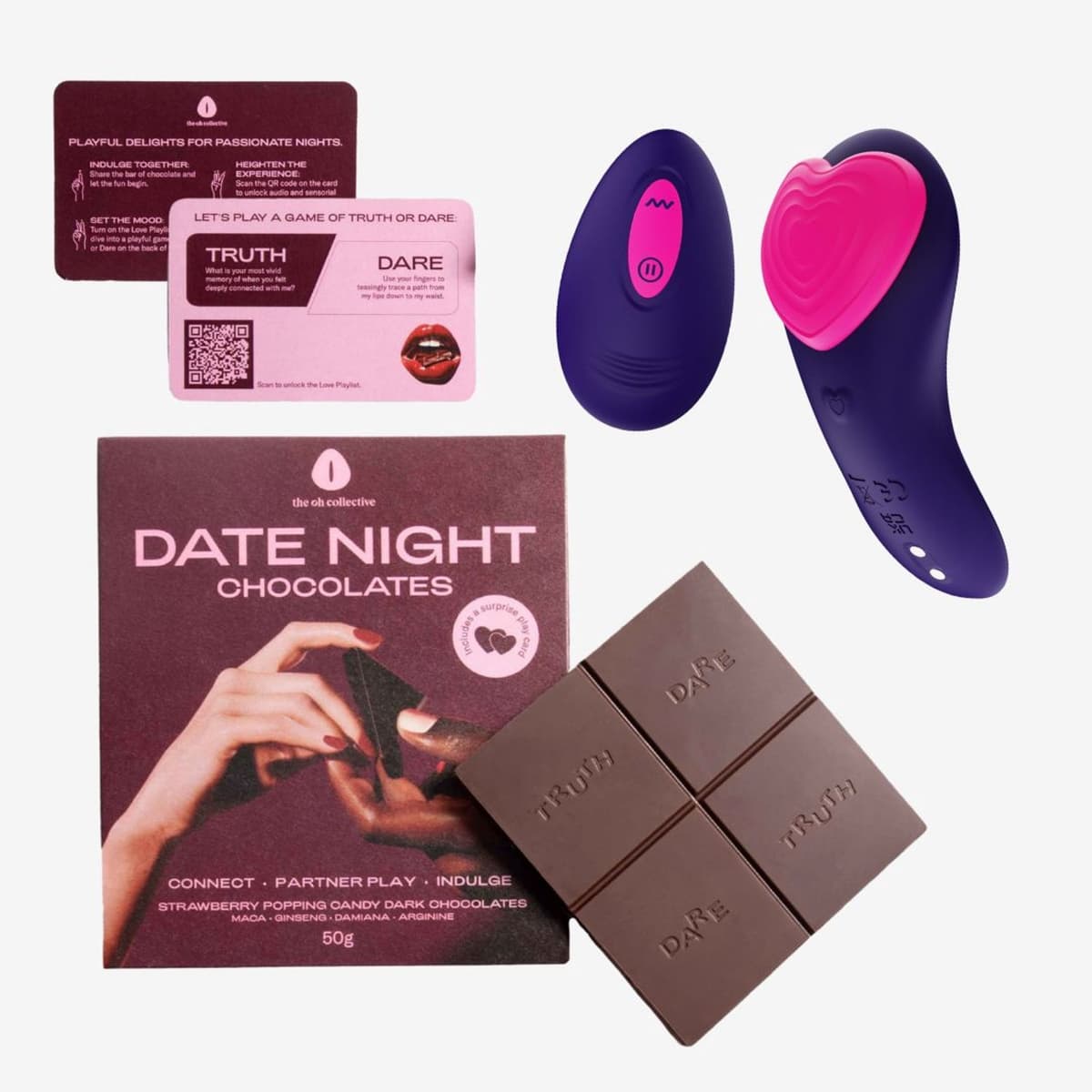 The Oh Collective Break Bite Bang - Erotische cadeauset - draagbare koppelvibrator met afstandsbediening + libido chocolade — afbeelding 1