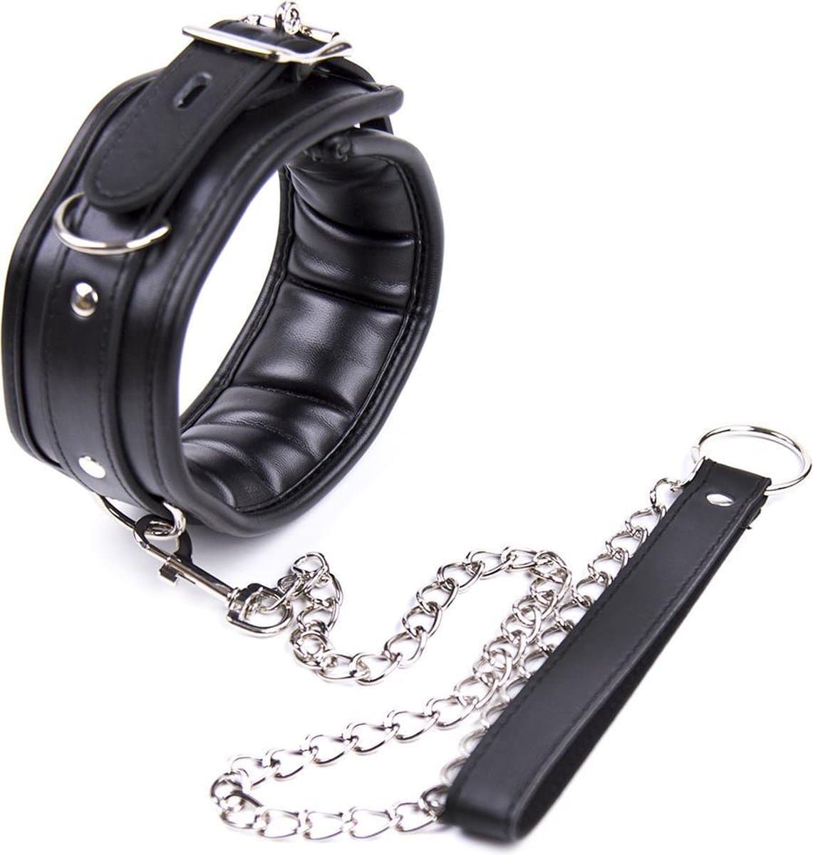 Banoch | Collar & Leash Silver | Zwarte Halsband met Zilverkleurige Riem | Verstelbare Bondage Halsband | PU Leer | BDSM — afbeelding 1