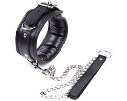 Banoch | Collar & Leash Silver | Zwarte Halsband met Zilverkleurige Riem | Verstelbare Bondage Halsband | PU Leer | BDSM
