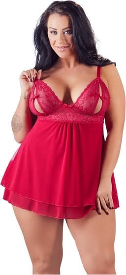 Cottelli Plus Size – Erotische Babydoll met Kanten Buste Motieven en Open Cups – Maat 4XL – Rood — thumbnail 9