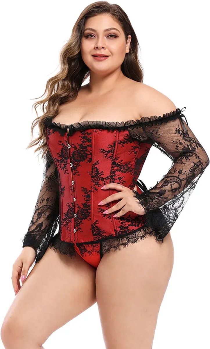 Corset Dames Rood Zwart Kant – Lange Mouwen Sexy — afbeelding 1
