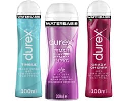 Durex - 3 Glijmiddelen - Waterbasis - Massage Olie en Glijmiddel 2/1 Aloë Vera 200ml - Play Tingle Gel 100ml - Crazy Cherry met Smaak Kers 100ml
