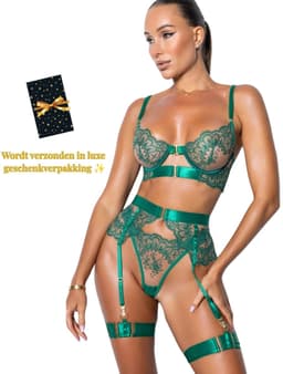 Luxe Lingerieset Dames – Lingerie Erotisch – Sexy Lingerie – 4-delige set – Smaragd Groen Kant – Lingerie Setje – Verleidelijke BH met Jarretels & Hoge Taille String –Sexy Lingerie –Chique – Luxe –Boudoir Look – Kinky – Erotisch – Maat XS/S, M, L, XL — thumbnail 1