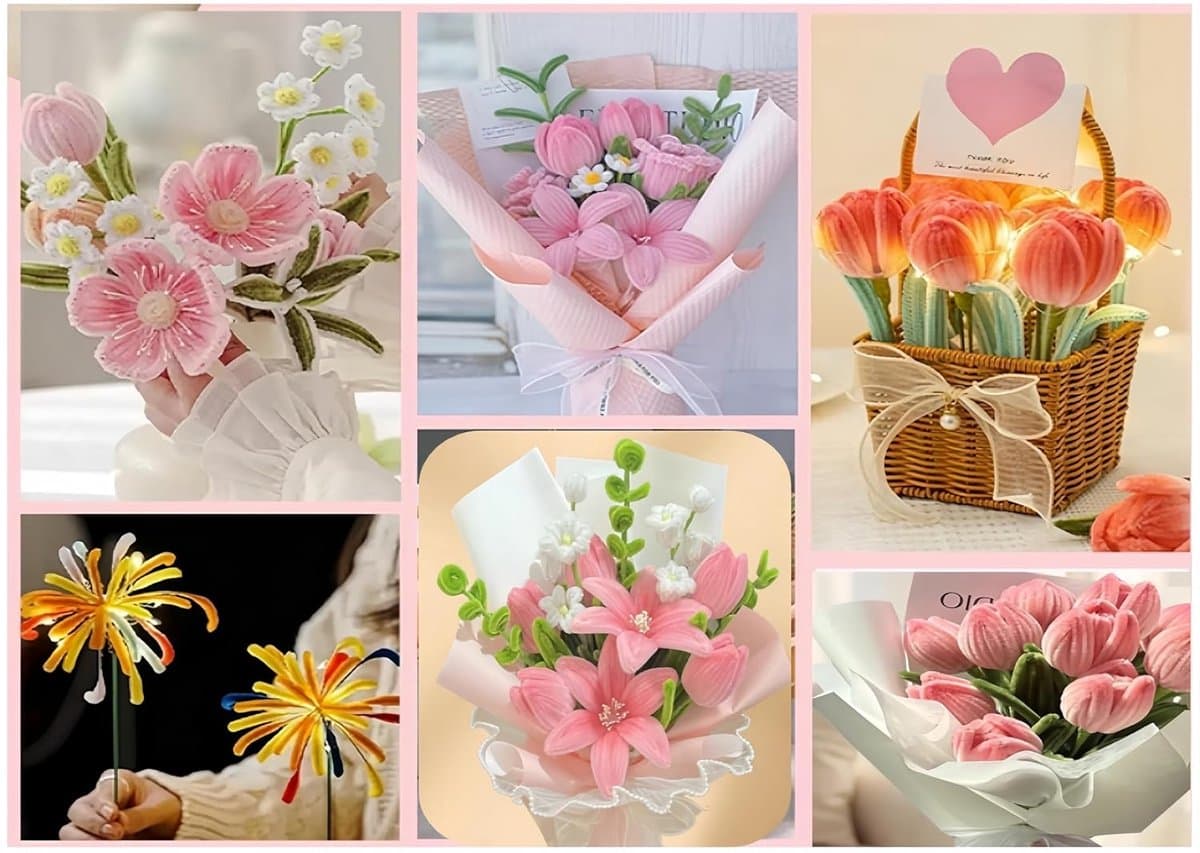 Pipe Cleaner for Crafts, 400 Pieces Pipe Cleaner, Flower Set, Pipe Cleaners, Flower Pipe Cleaners, 4 Colours, Pink - ShopVlot — afbeelding 1