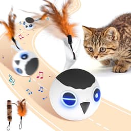 Kattenspeelgoed, interactieve kattenspeelgoedbal voor huiskatten, automatisch beweegbare bal, bewegingsgeactiveerd, snel beweegbaar, tinjilpend, stimulerend licht, 2 veerstaarten — thumbnail 1