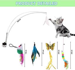 Kattenspeelgoed met zuignap en veren, 5-delige interactieve kattenhengelset met belletjes, flexibele speelhengel voor huiskatten, activiteitsspeelgoed voor katten en kittens — thumbnail 2