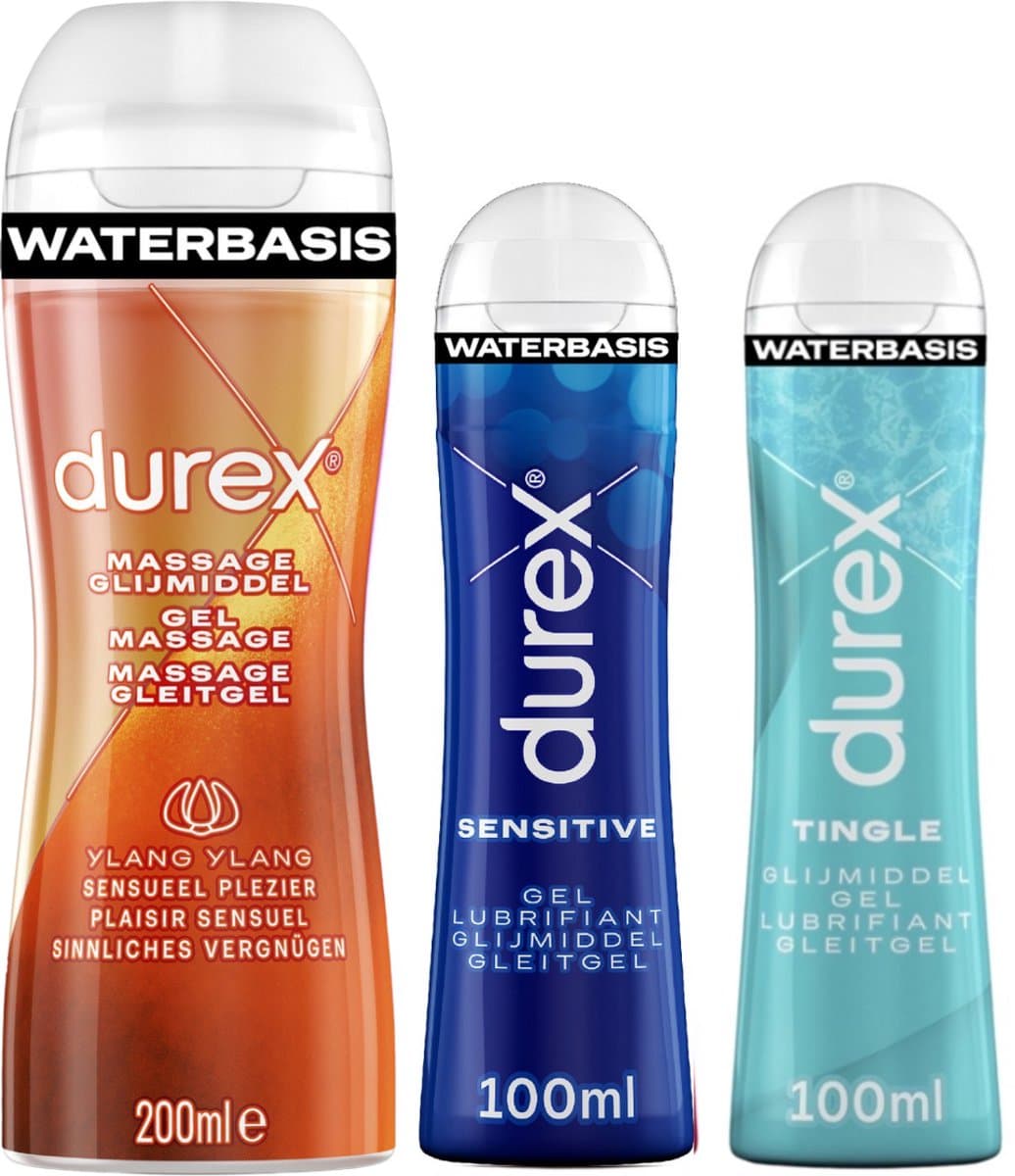 Durex - 3 Glijmiddelen - Voor Een Sensuele Aanraking - Waterbasis - Tingle 100ml- Massage Ylang Ylang 2 in 1 200ml - Sensitive 100ml — afbeelding 1