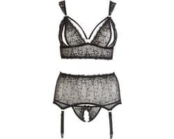 Cottelli Plus Size – Jarretel Set 3 Delig met Open Cups en Kruis voor Ondeugende Slaapkamer Spellen – Maat 3XL – Zwart