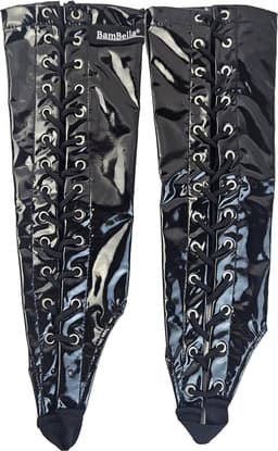 BamBella ® Handschoenen - Maat onesize - Datex (Mix latex en stof ) Sexy Zwart Glans lak vetersluiting — thumbnail 3