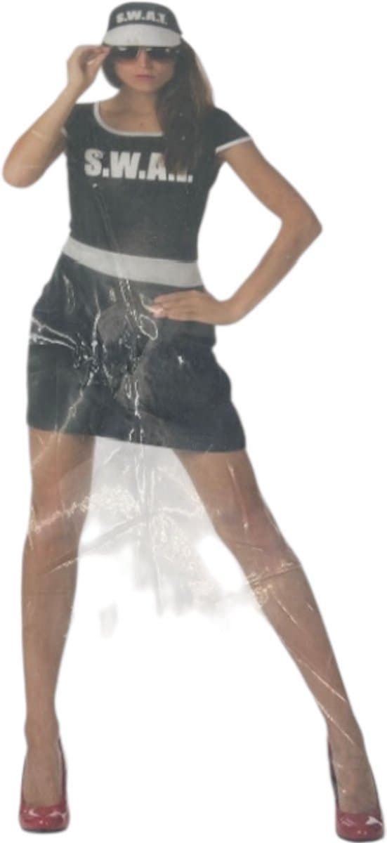 Sexy SWAT Kostuum – Zwart Strak Jurkje met Witte SWAT-Print & Pet – Maat S — afbeelding 1