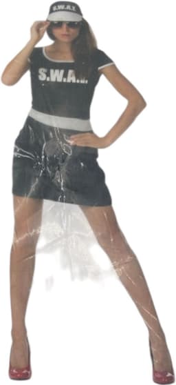 Sexy SWAT Kostuum – Zwart Strak Jurkje met Witte SWAT-Print & Pet – Maat S — thumbnail 1
